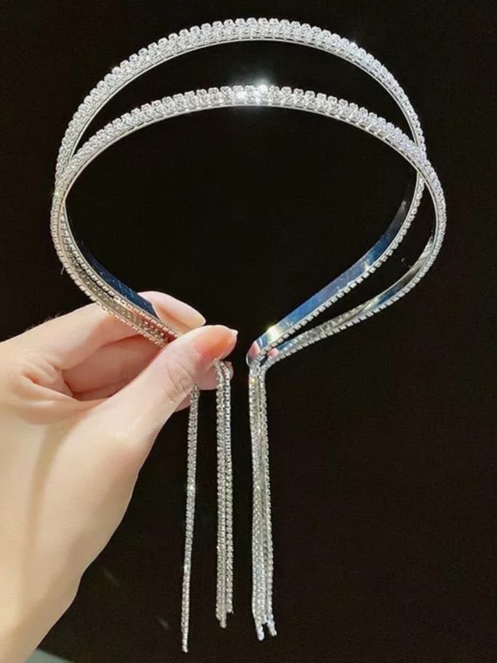 1pc Elegant Rhinestone Long Tassel Headband Solid Crystal Shiny Hair Accessories